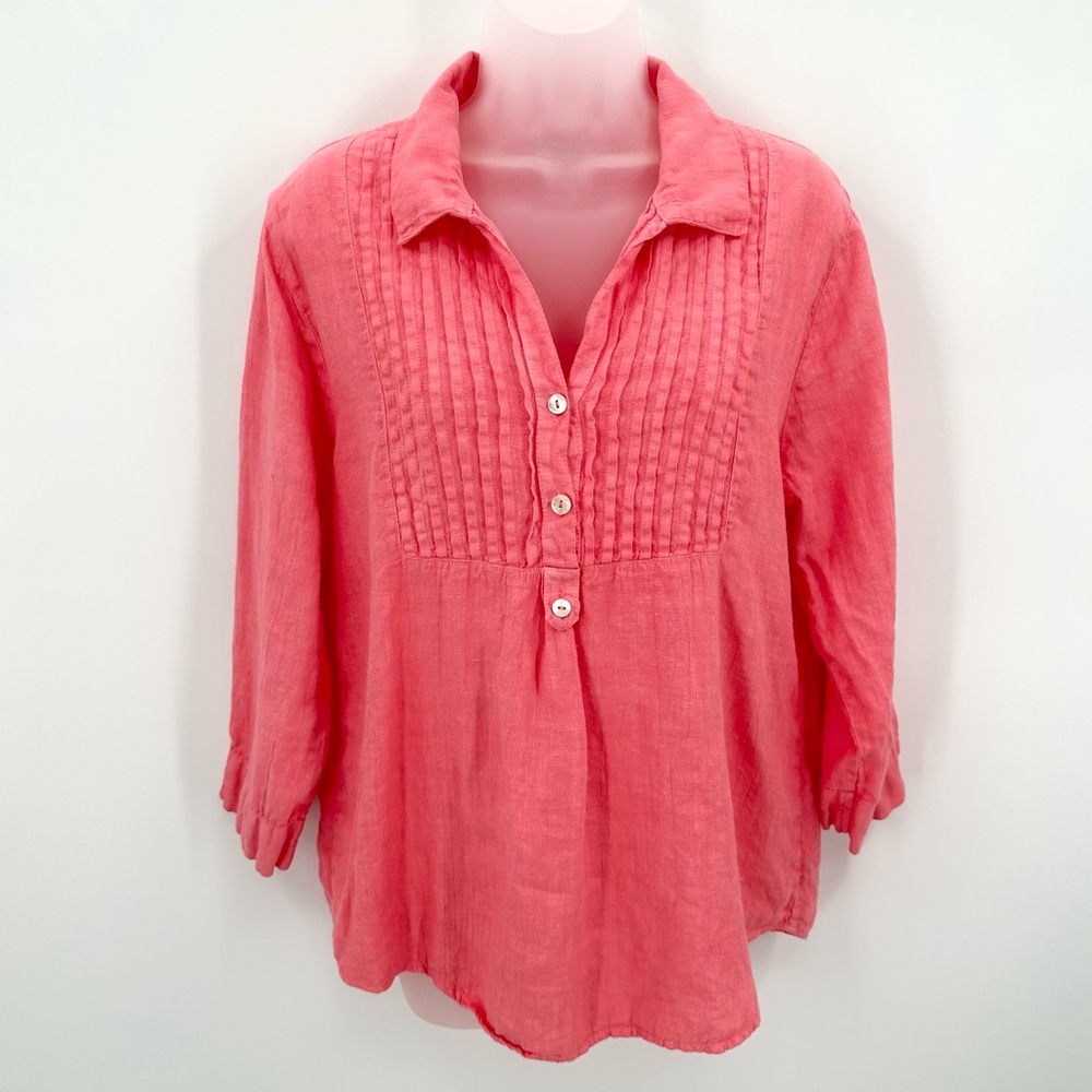 Hot Cotton Linen Top Womens S 3/4 Sleeve Coral Pink Popover Marc Ware Read